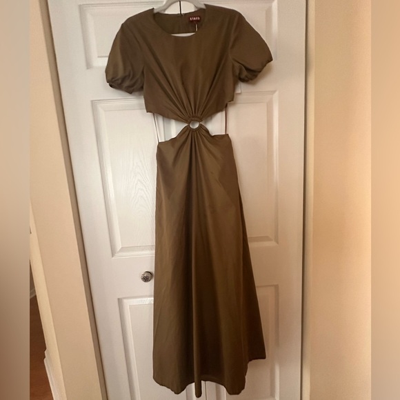 Staud Calypso Cut-out Waist Midi Dress  Caper Green Puff Short Sleeve - Picture 6 of 10